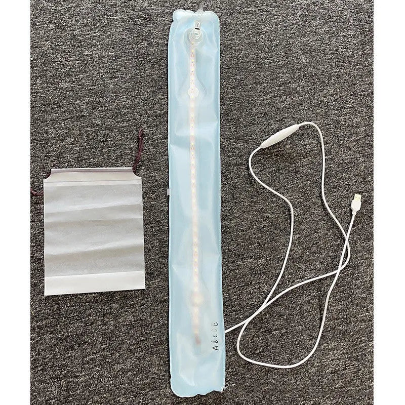 Blue inflatable camping lantern with USB charging, aluminium alloy body, 65cm or 85cm sizes, with drawstring pouch
