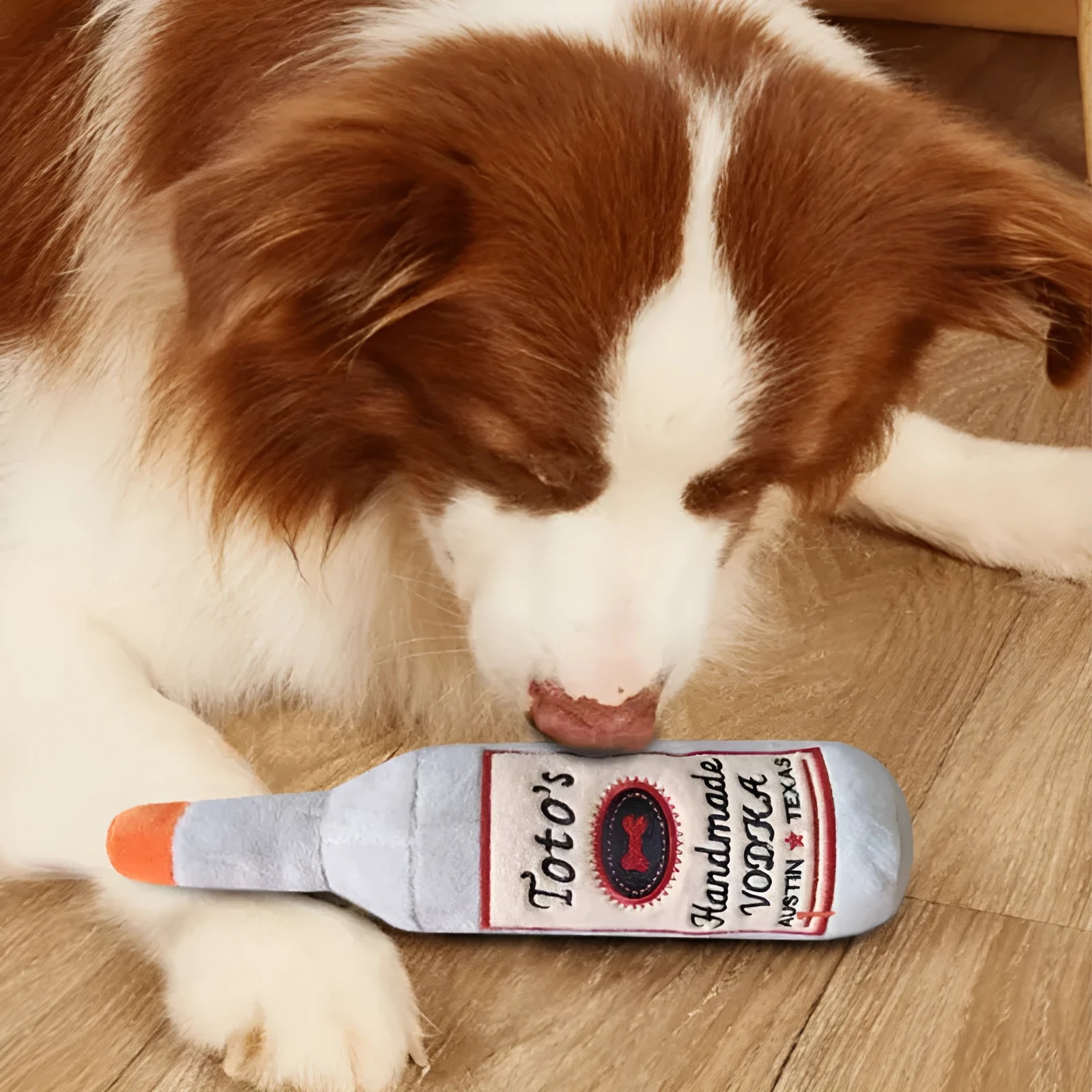 Brown plush wine bottle-shaped dog chew toy with squeaker for aggressive chewers