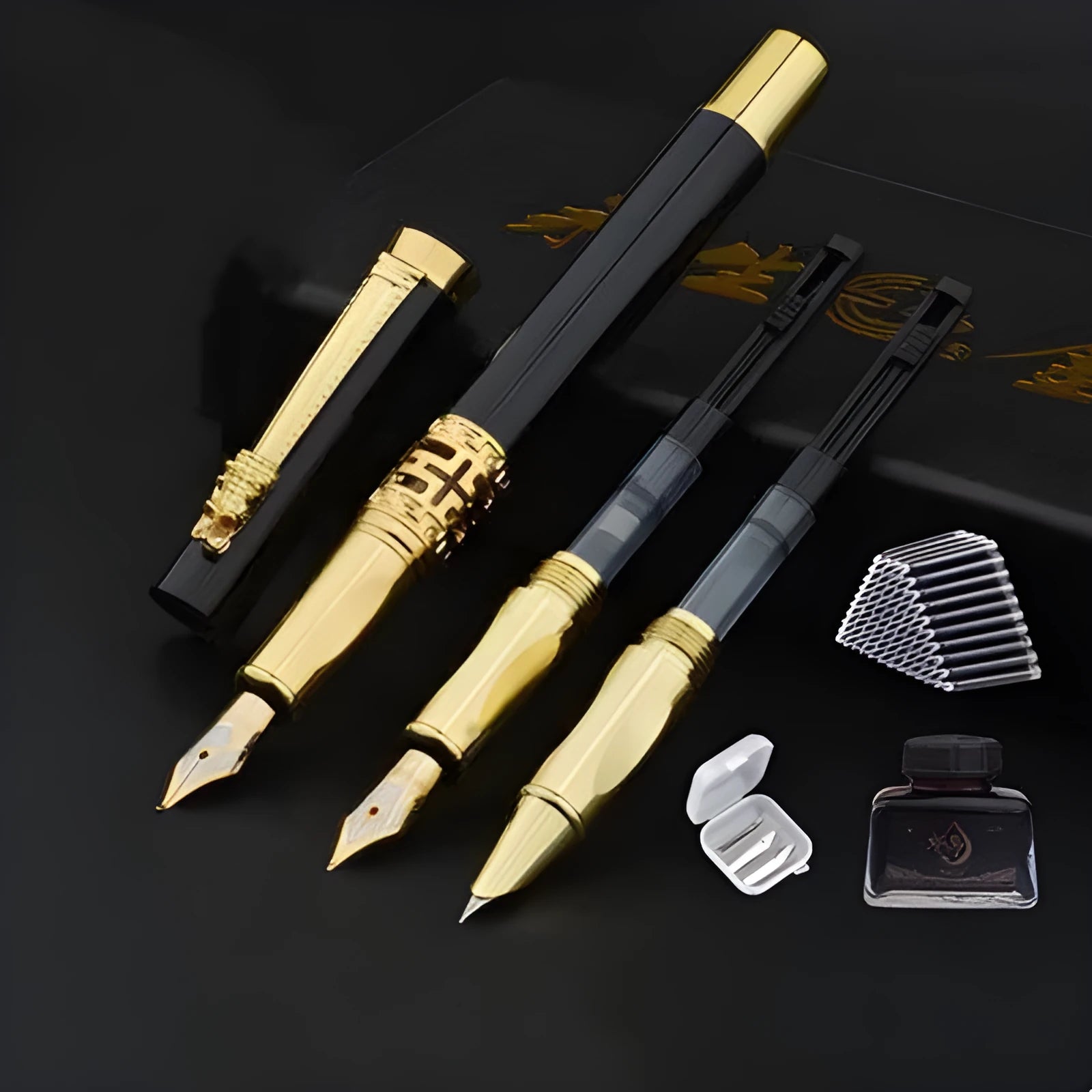 Immortal pen student calligraphy set with metal holder and traditional Chinese gift box