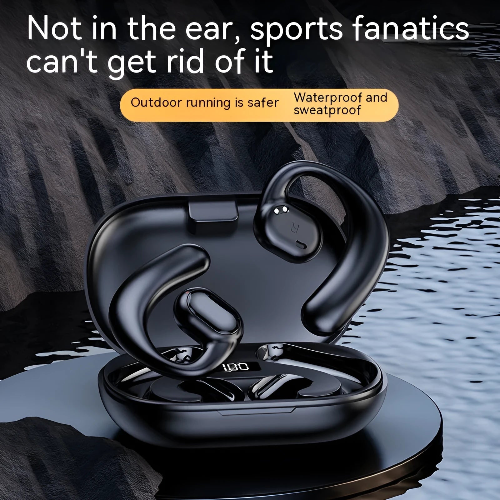 Non in-ear ear-mounted Bluetooth headset with cable, black, plastic build, digital display on side