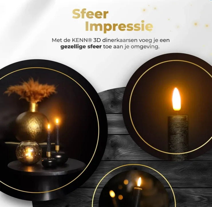 Set of four black LED taper candles with glowing 3D flame effect.