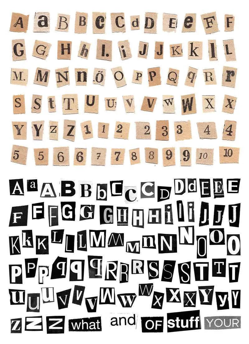 Pack of printed decorative stickers showing English letters, numbers, symbols, and weekly words in a cute style.
