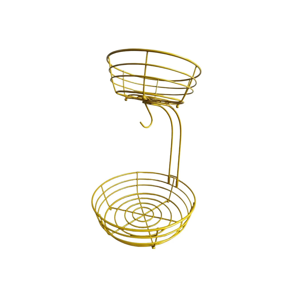 Black wrought iron double-layer fruit basket with two storage tiers.