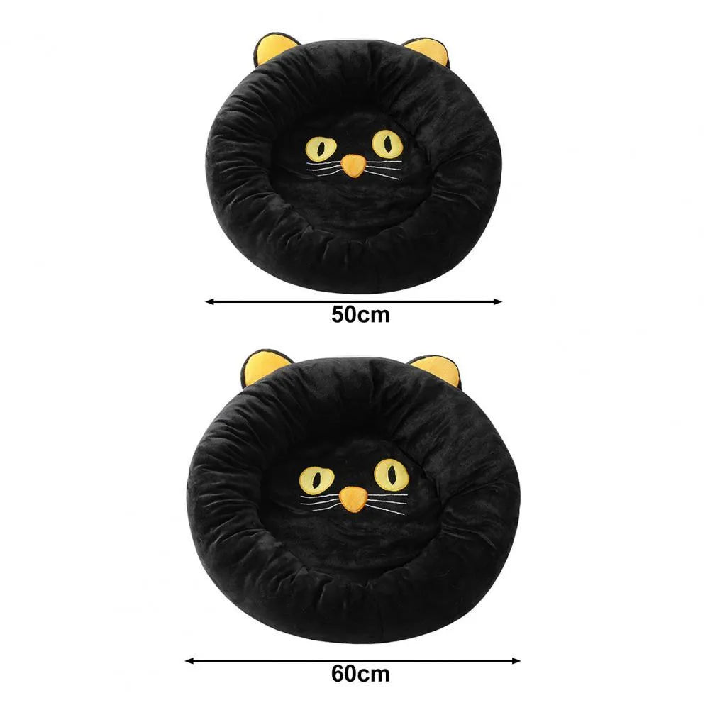 Black cat shape velvet pet nest bed with raised edges for head support