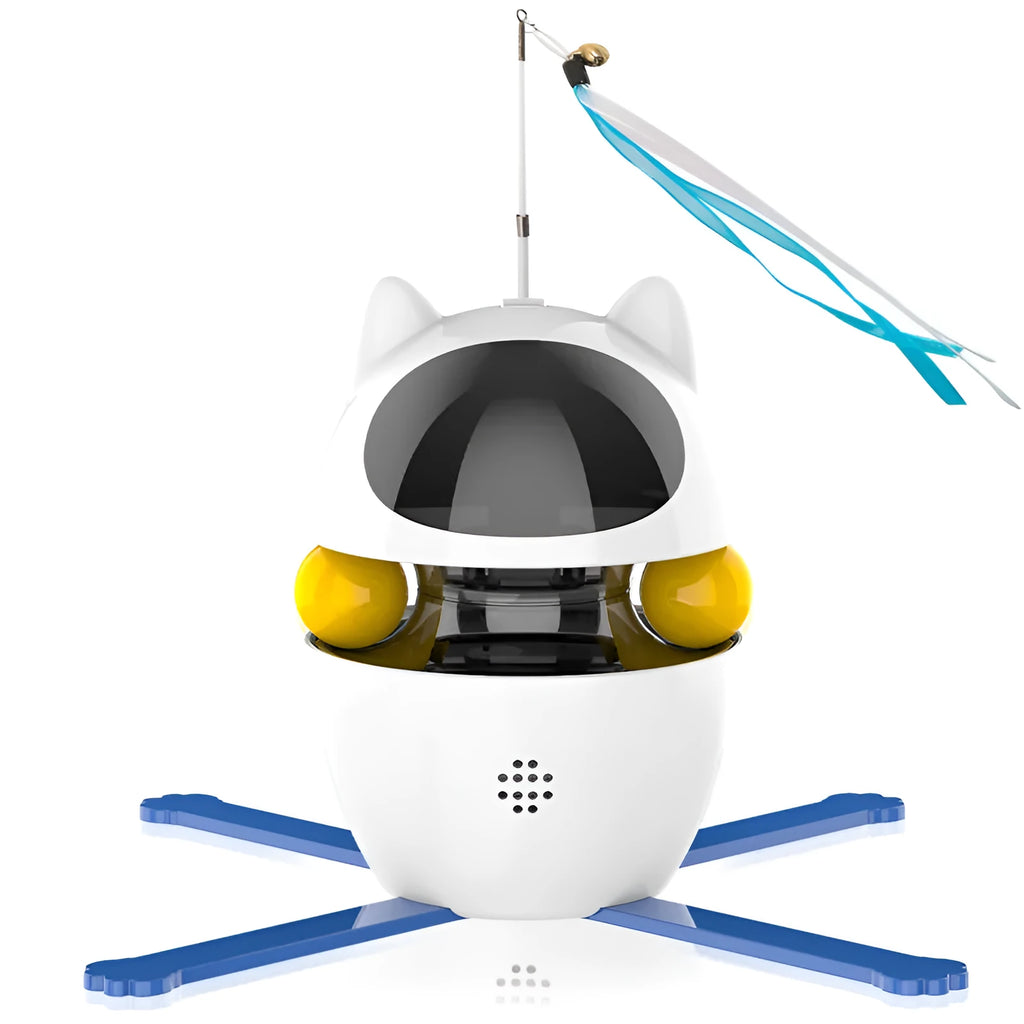White automatic electronic cat toy with moving stick and elastic rope for indoor feline entertainment