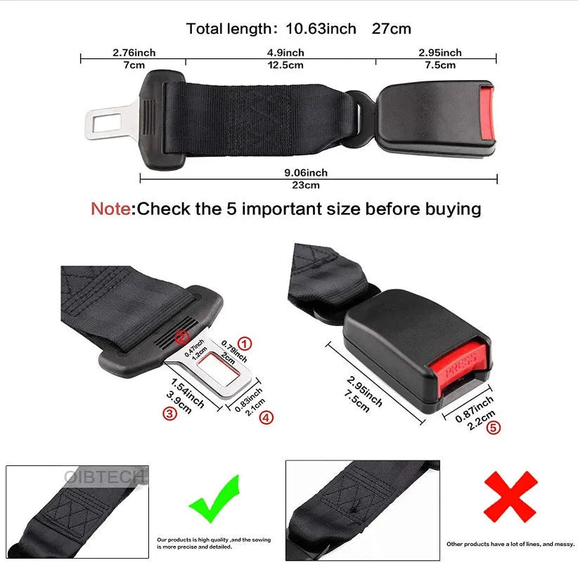 Black 36cm car seat belt extender with buckle for 21mm seat belt inserts.