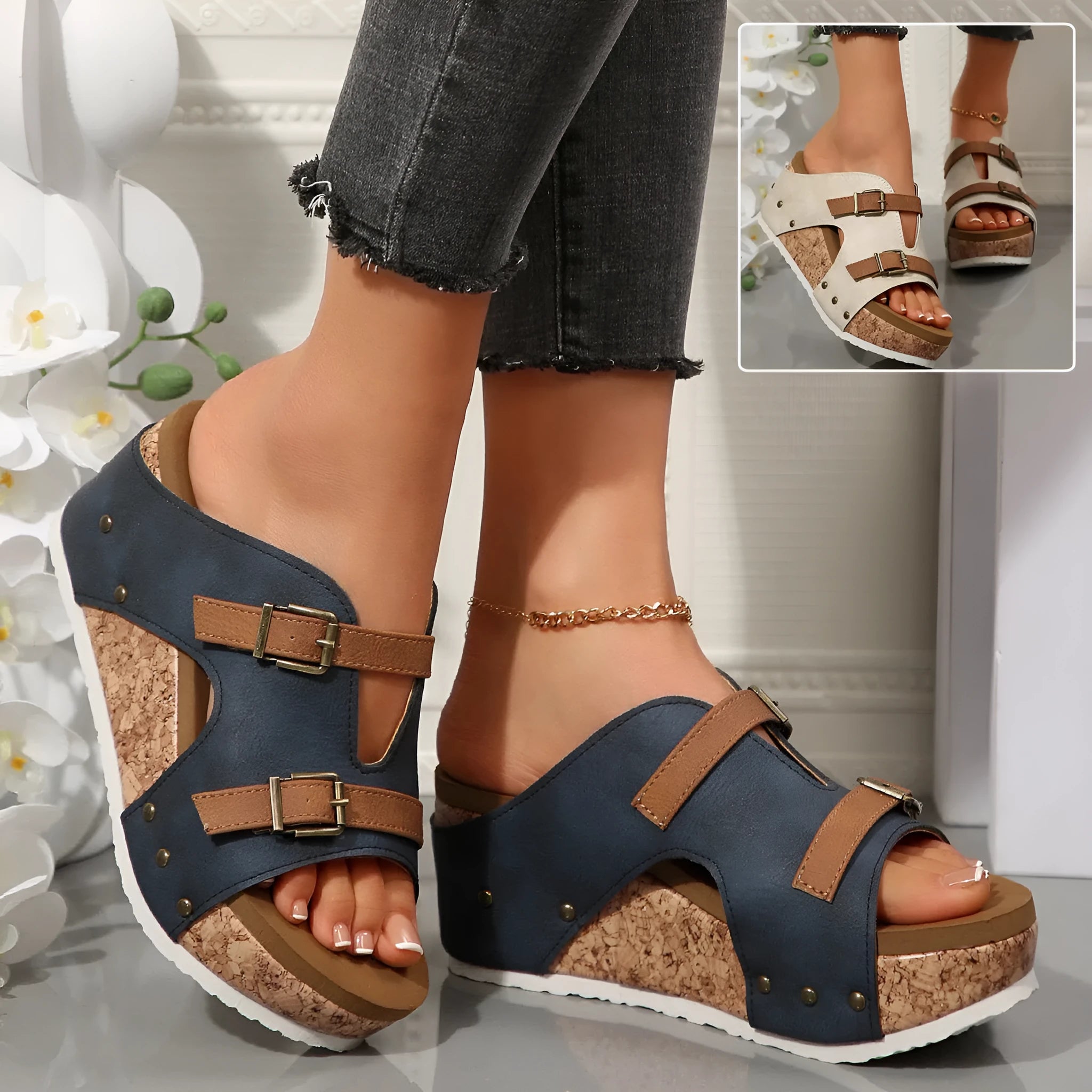 Ins buckle wedges sandals with fish mouth toe and thick high heel for women in blue colour