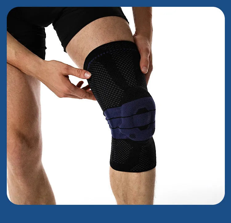 Adult sports knee pads in black and blue colour, made from nylon and spandex.