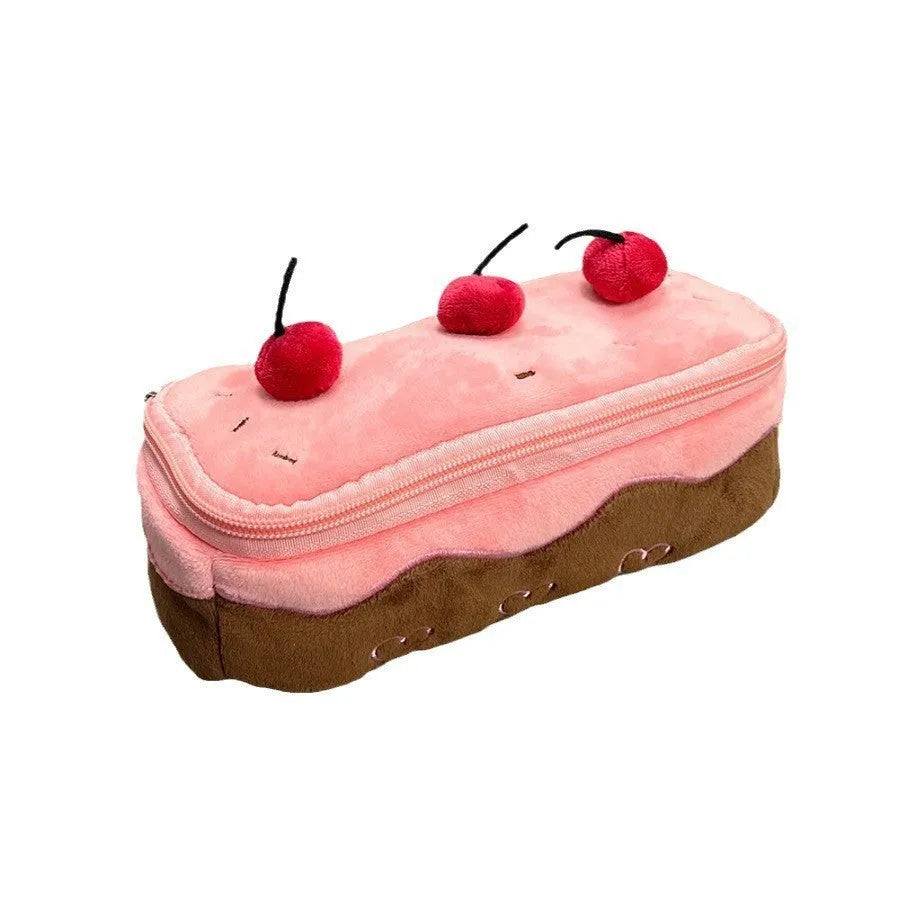 A Cherry Cake themed plush pencil bag made from soft velvet fabric.