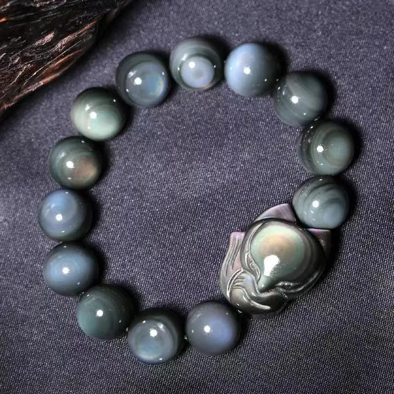 Obsidian gemstone couple bracelet with carved fox charm in three size options