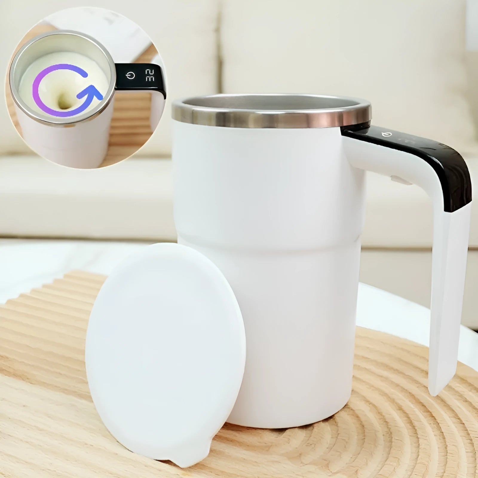 White automatic stirring electric mug with LCD temperature display and USB charging cable