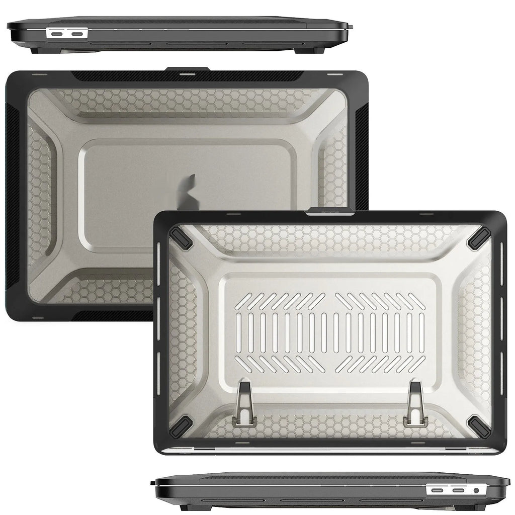 MacBook laptop protective hard shell case shown in cool black, starry sky grey, elegant apricot, and sapphire blue colour options.