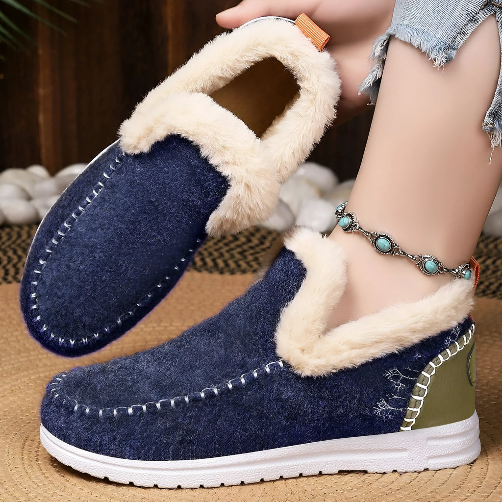 Cold-proof women's cotton boots, flat heel, round toe, available in black, blue, brown, grey, apricot, and rose red.