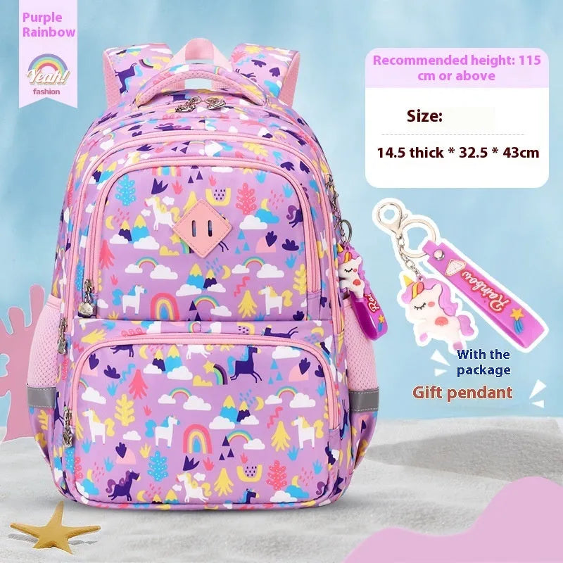 Children's waterproof school backpack with dinosaur pattern and curved shoulder straps