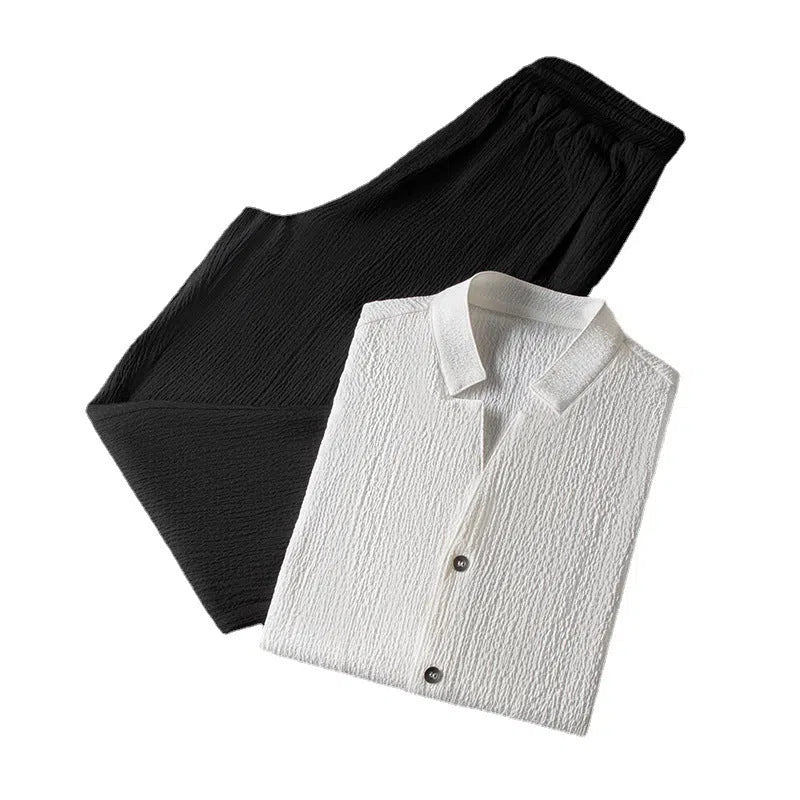 Men's Chinese style pleated long sleeve shirt and trousers set in brown, light green, gray, white, and black, sizes M to 5XL
