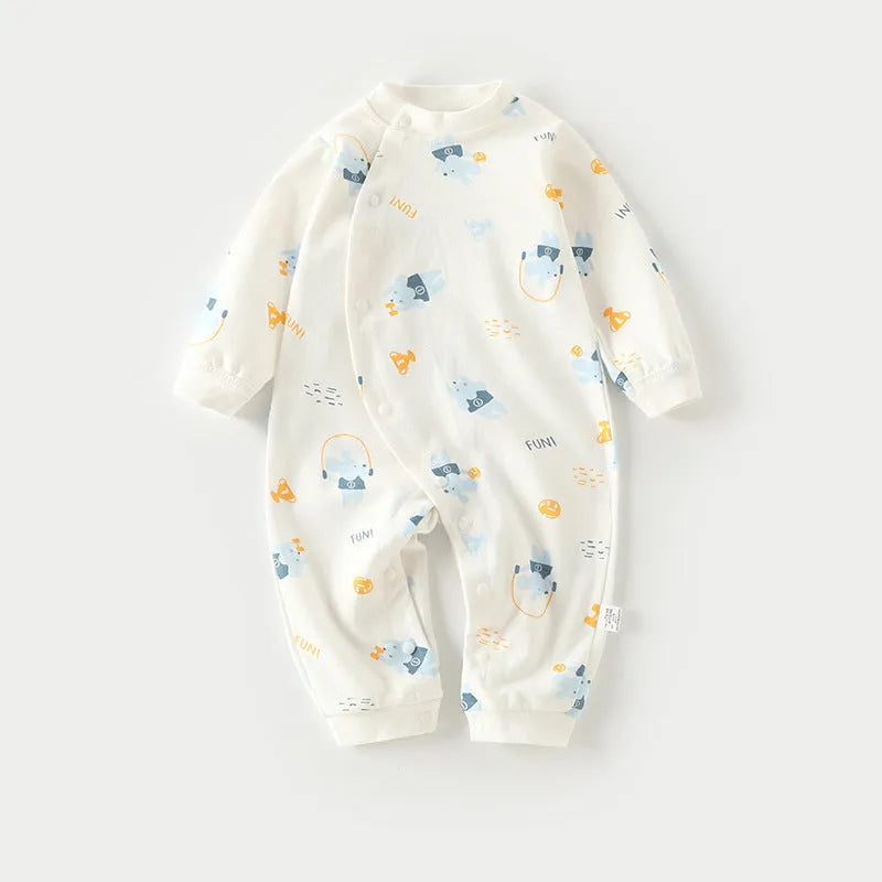 Cotton baby long climb pajamas in a colourful print, shown laid flat, suitable for spring and autumn.