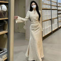 Plus size women's black cheongsam dress with waist-tight draping effect, long sleeves, hip skirt, milk silk fabric