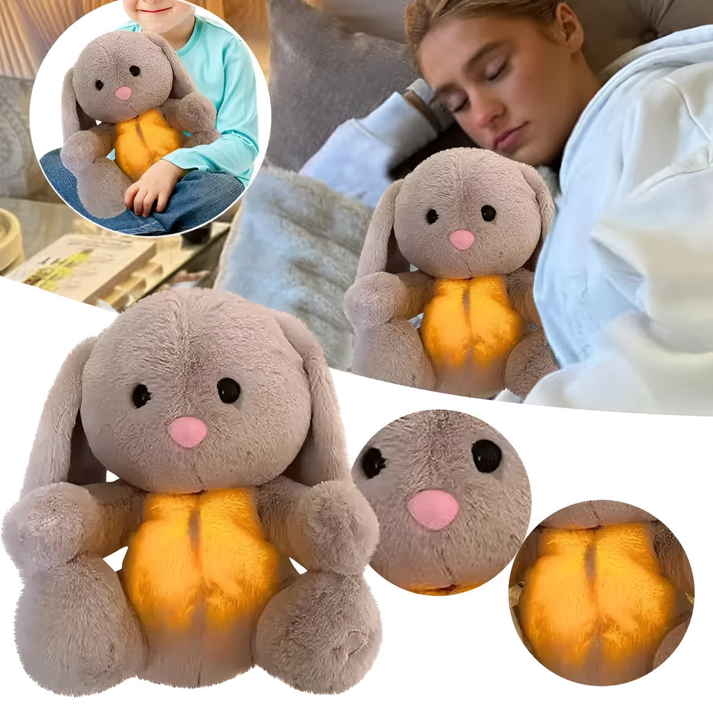 Breathing rabbit plush toy with moving belly, music functions, and soft fabrics for infant comfort