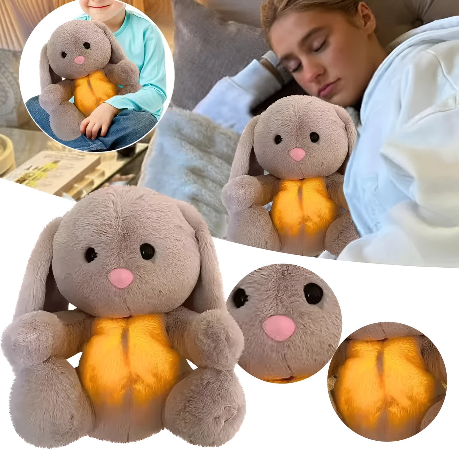 Breathing rabbit plush toy with moving belly, music functions, and soft fabrics for infant comfort