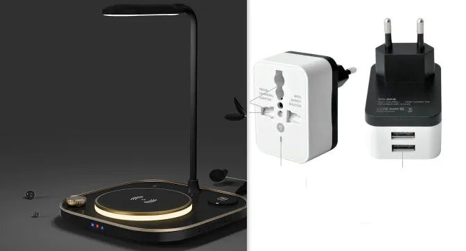 Black three-in-one wireless magnetic charging dock with desk lamp and USB port on a wooden desk.