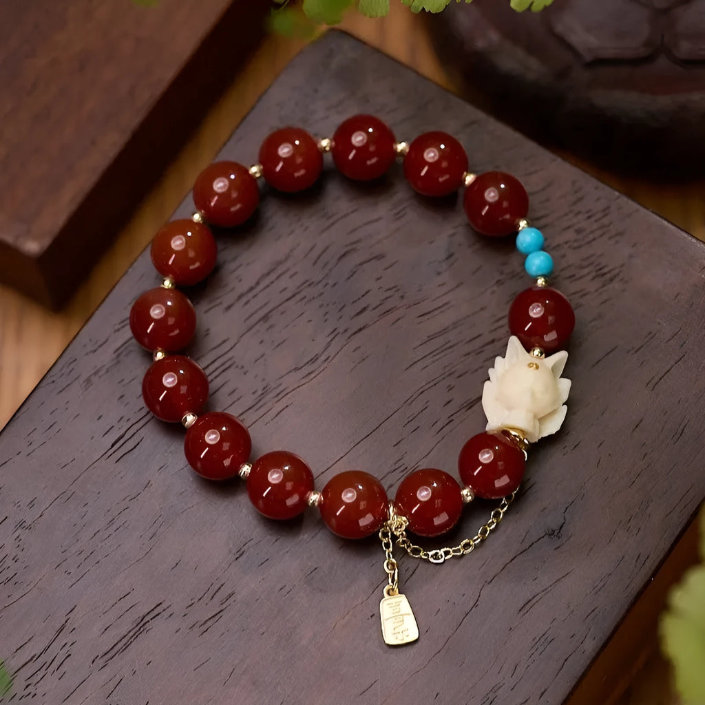 Red agate and ivory nut bracelet with 10mm beads and Fengjiu design in retro style