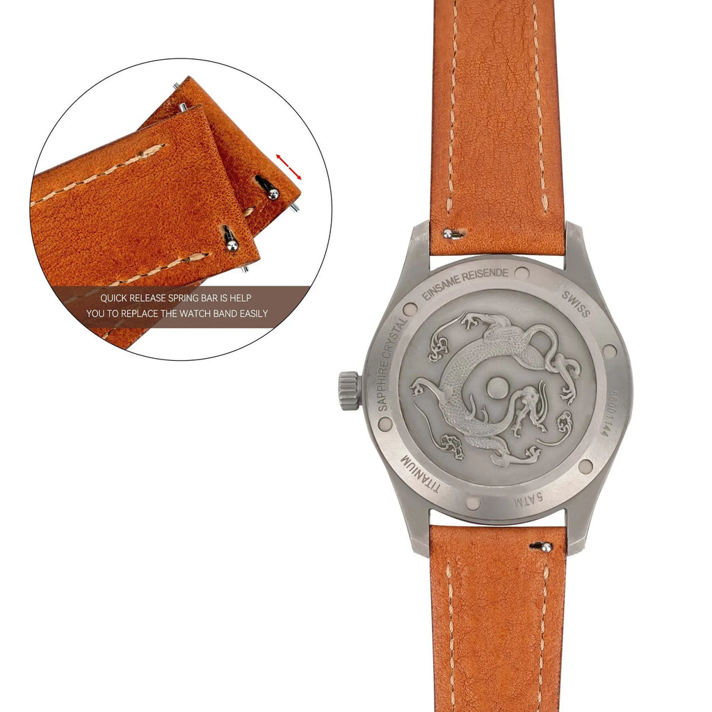 Retro pure cowhide leather watch strap with pin buckle in brown steel colour option