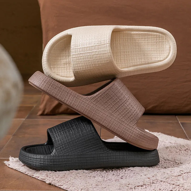 Women's non-slip EVA flip flop slippers in five colours, showing toe ring design and textured sole.