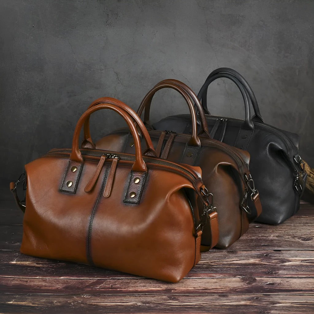 Women's genuine leather large capacity retro handbag in horizontal square shape with single shoulder strap, black colour