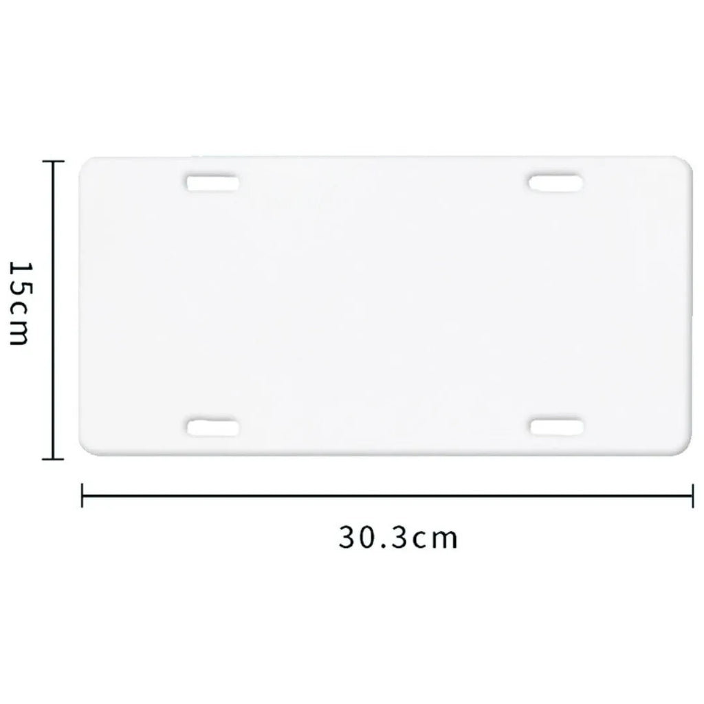 White aluminium car number plate blank measuring 30.3 by 15 centimetres.