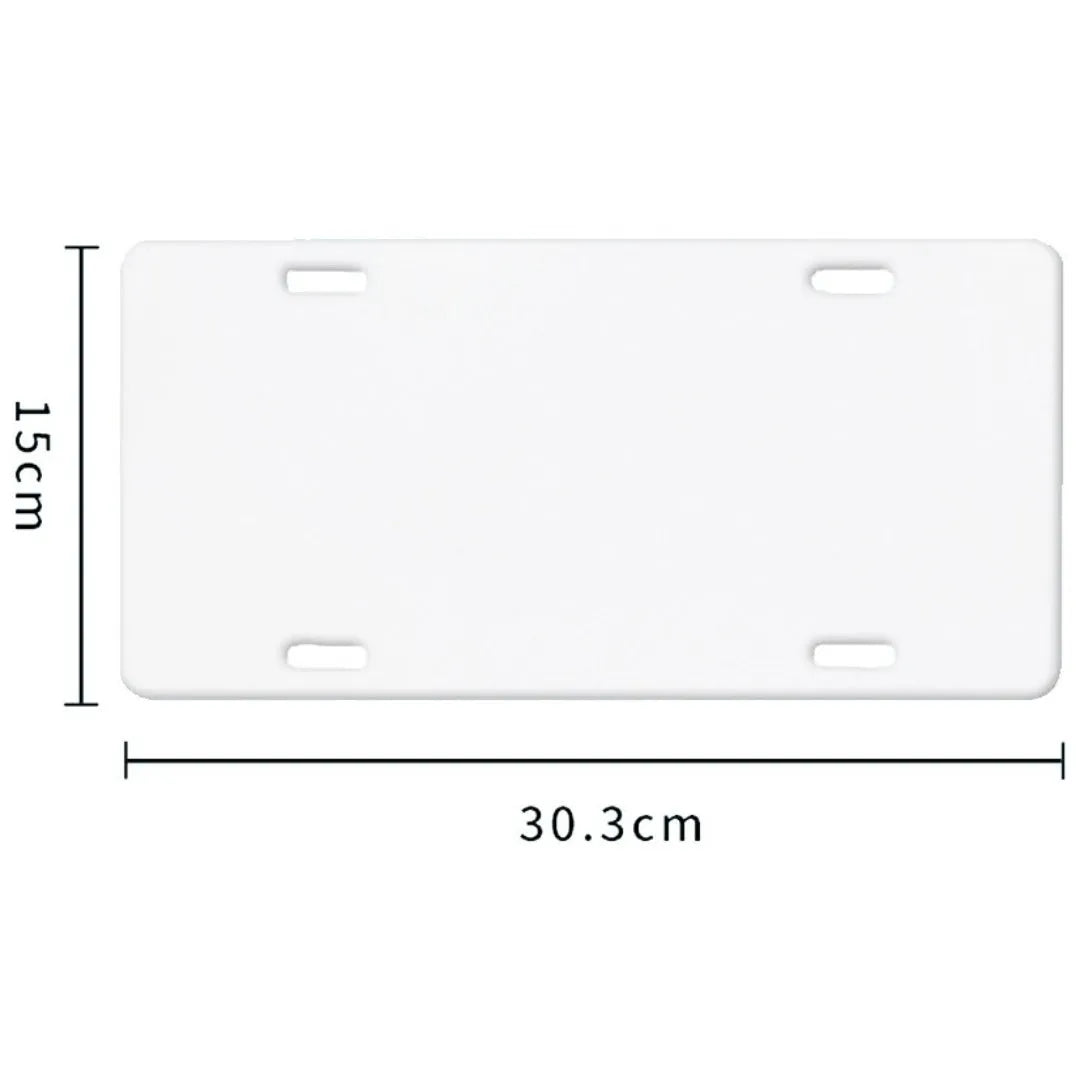 White aluminium car number plate blank measuring 30.3 by 15 centimetres.