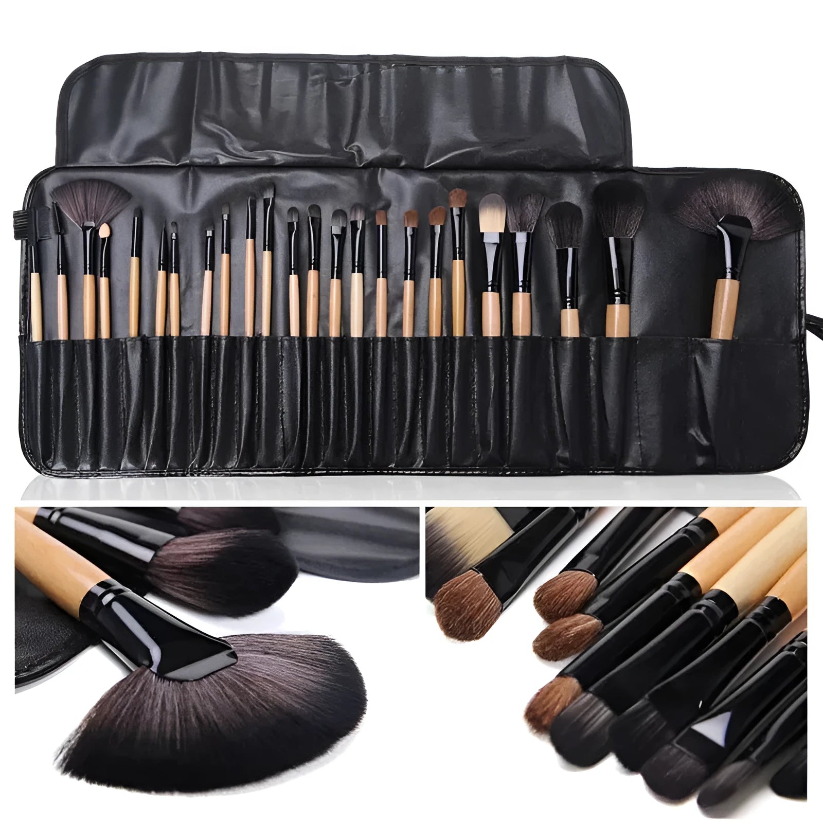 24-piece professional makeup brush set with wooden handles in gift bag packaging