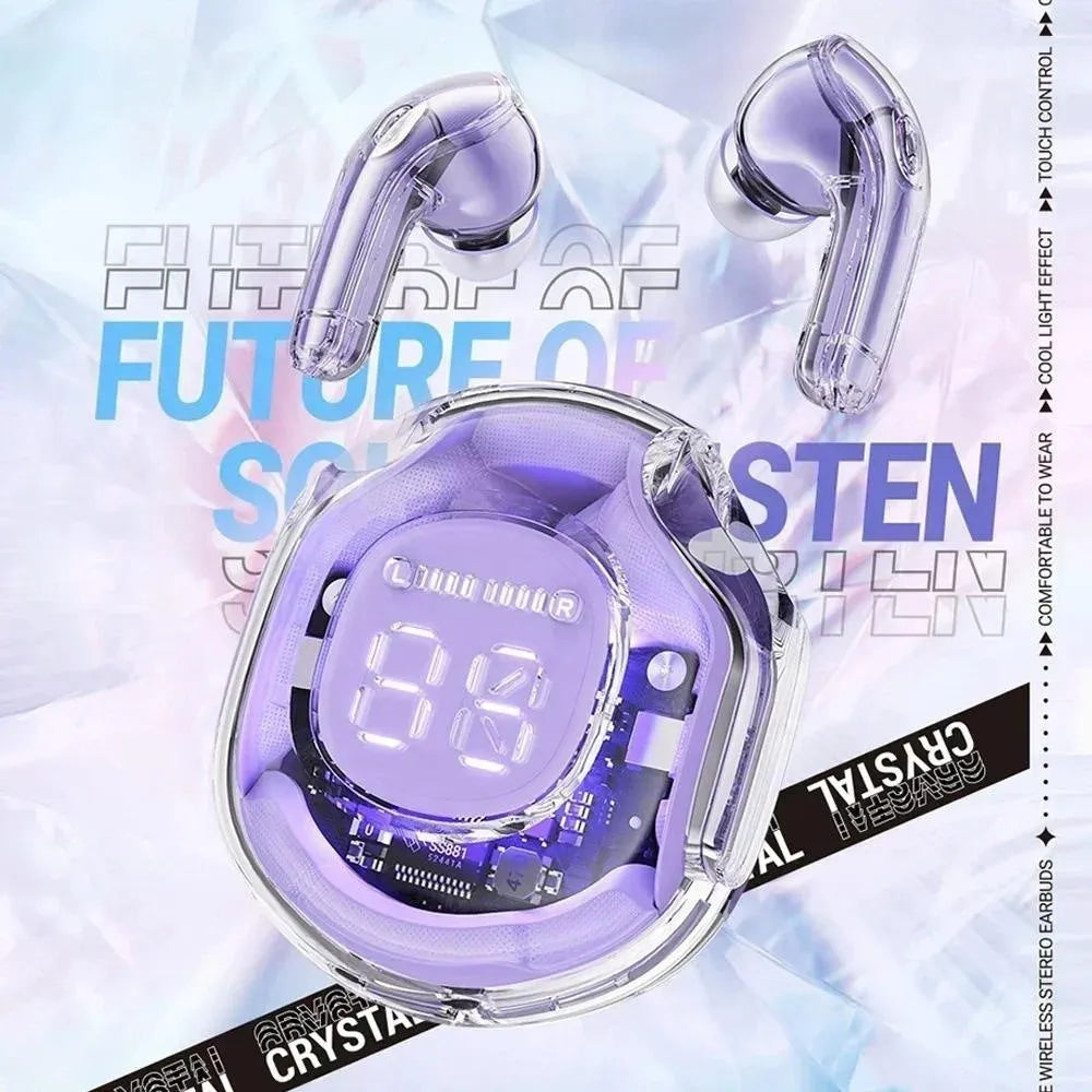 Wireless in-ear Bluetooth headset shown in white, black, pink, sky blue, or violet colour options on a transparent background.
