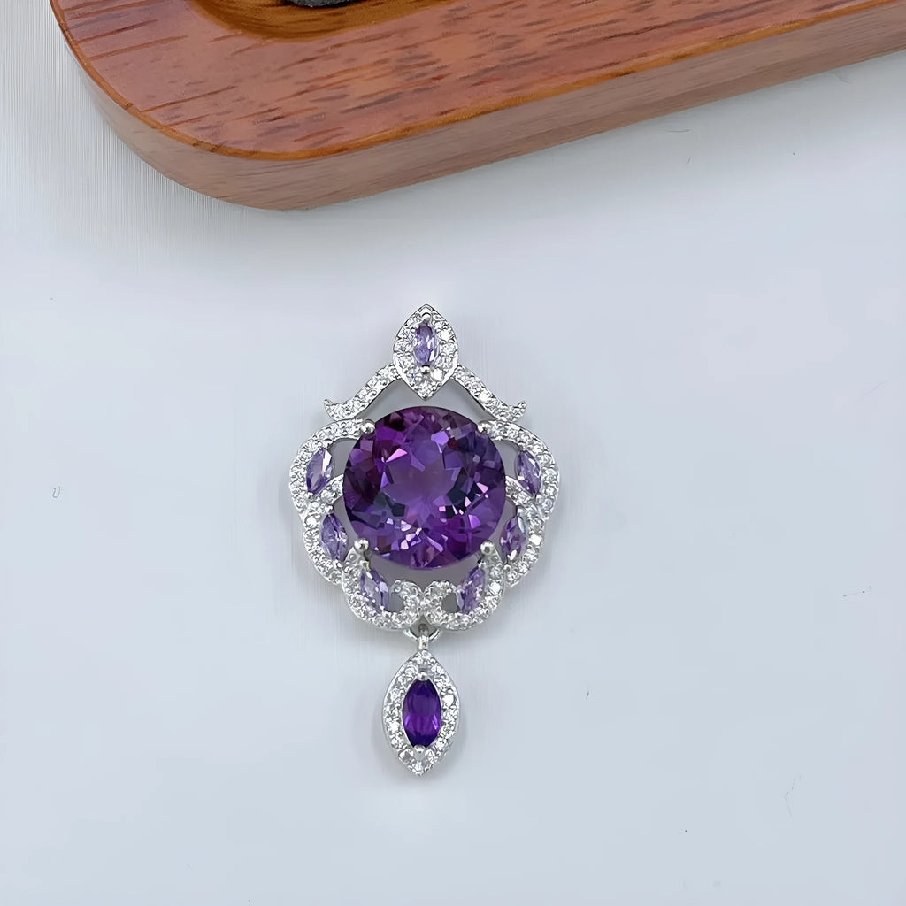 Purple amethyst gemstone set in platinum-plated S925 silver U-shaped pendant with meteor shower pattern