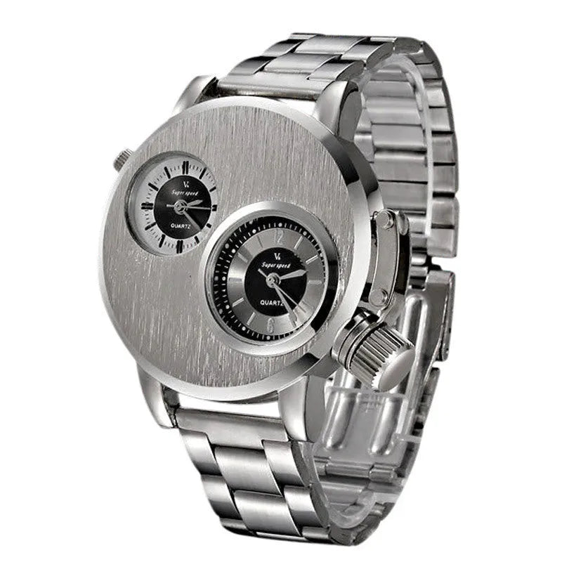 Large plate double-movement men watch with 40.5mm dial, spiral crown, and steel strap on a neutral background
