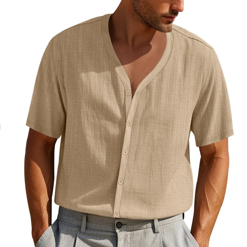 Men's loose-fit bamboo imitation linen short-sleeved Henley shirt in solid colour, front view