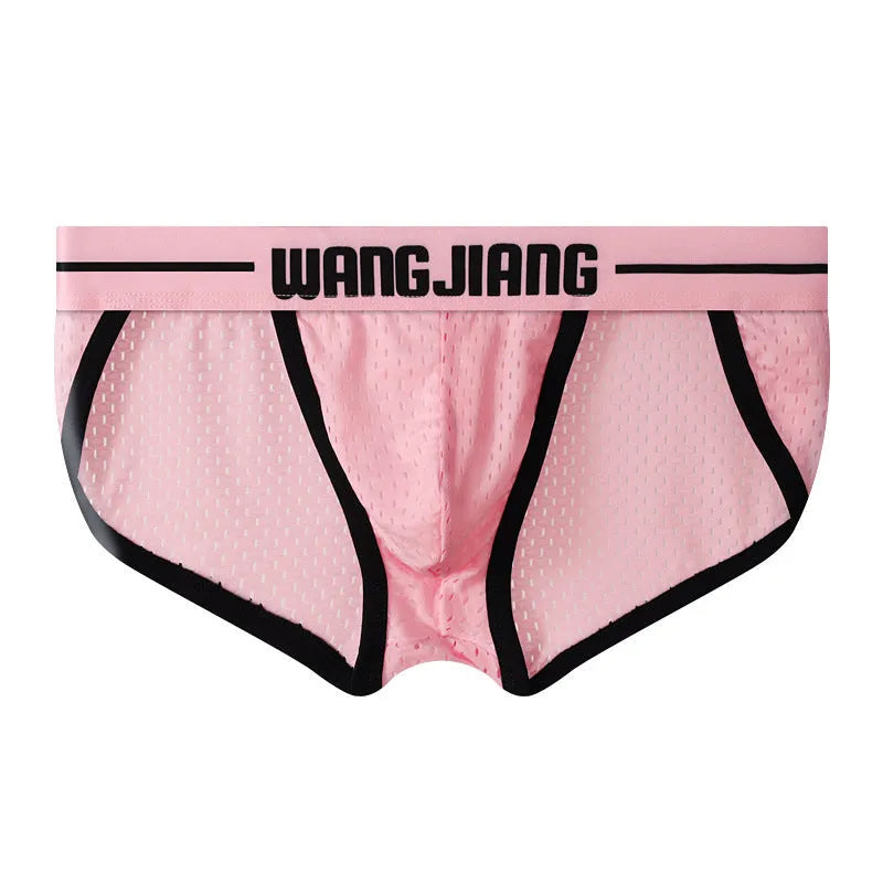 Men's black breathable mesh ice silk triangle underwear briefs laid flat.