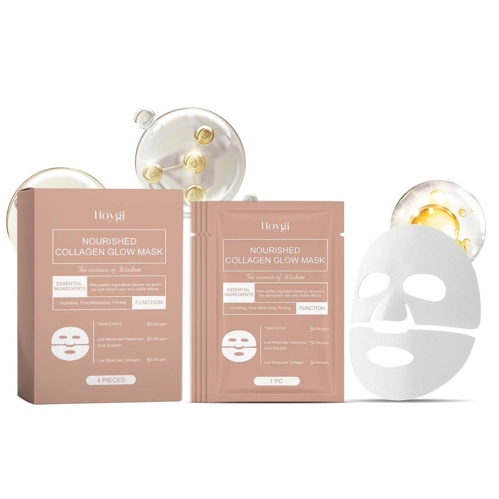 Collagen Glow Face Mask sheet, part of a single or four-piece pack for skincare.