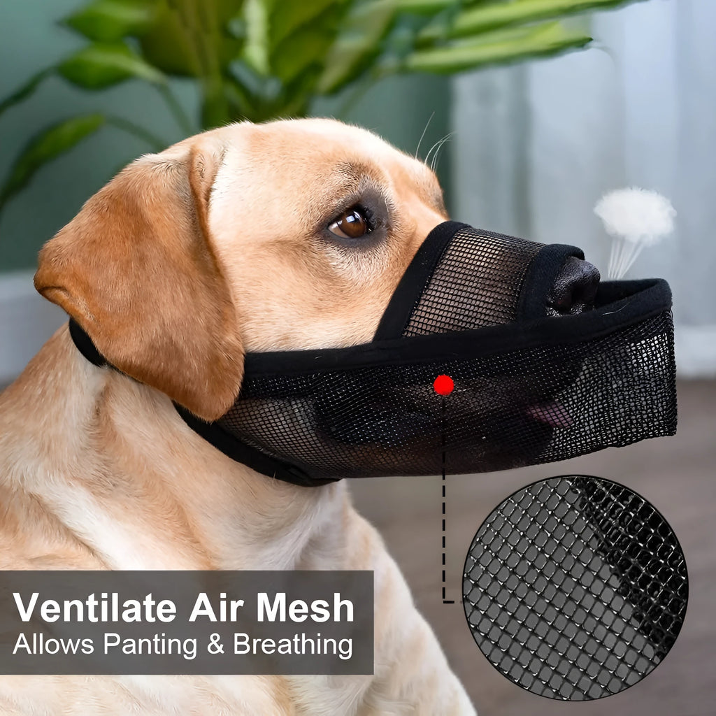 Breathable mesh dog muzzle in black with adjustable fit, showing front view on a neutral background