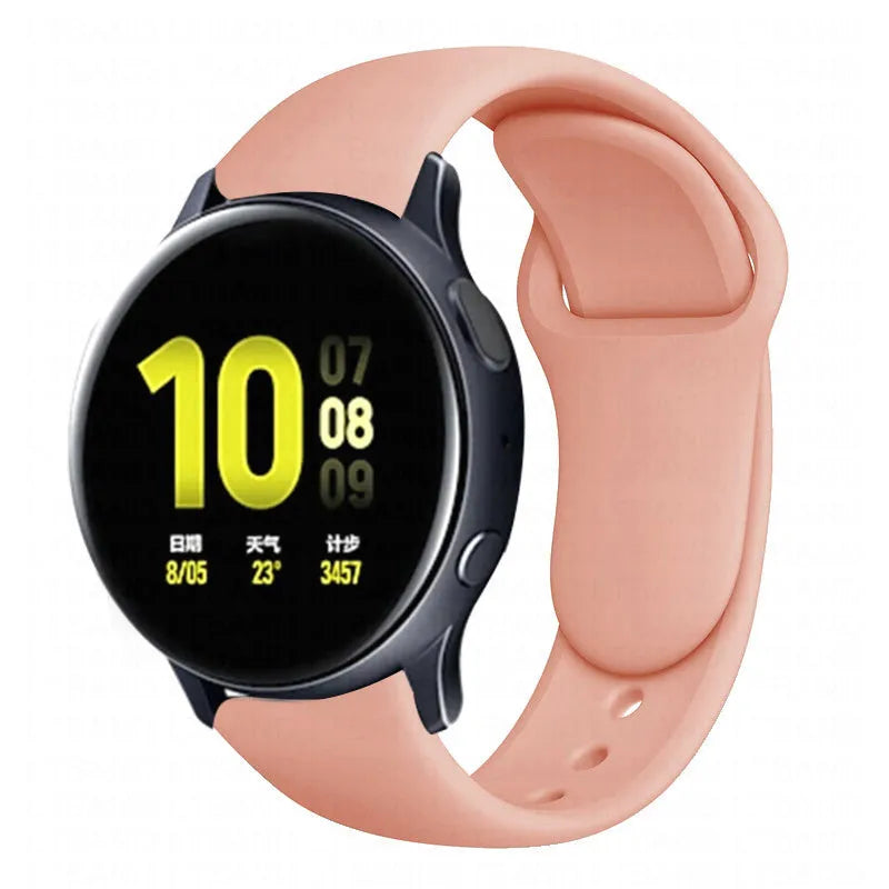 Samsung Galaxy Active 2 watch with a purple reverse buckle silicone strap on a wrist.