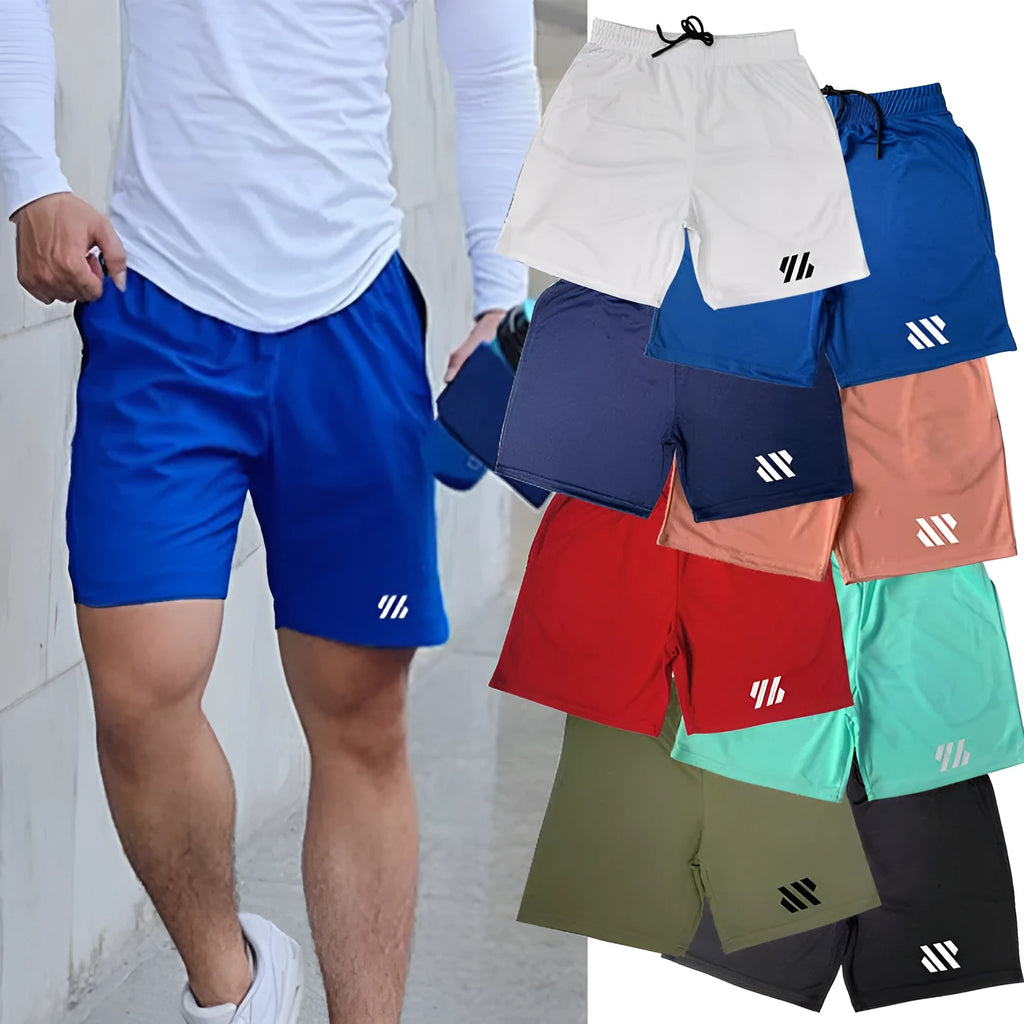 Loose-fit metal silk sports shorts for running in various colours like army green and sapphire blue.