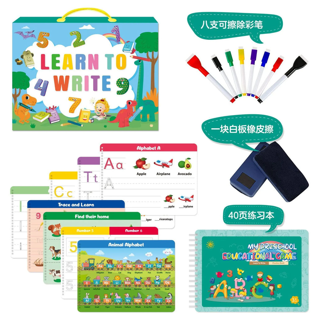 Montessori handwriting practice book set with erasable coloured pens and reward stickers in gift box