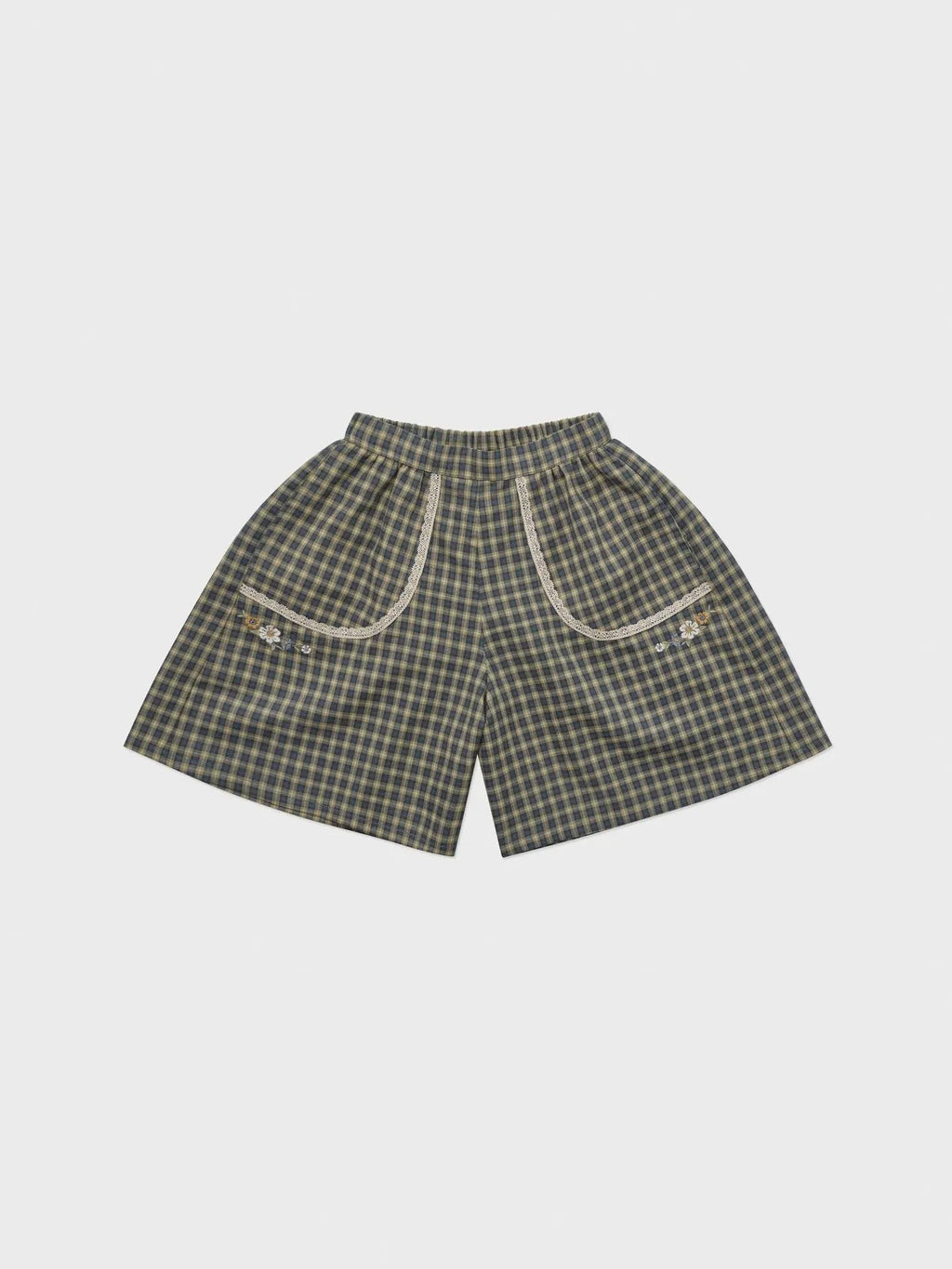 Girls' beige cotton short-sleeved knitted top and checkered shorts suit two-piece set on white background