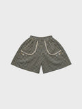 Girls' beige cotton short-sleeved knitted top and checkered shorts suit two-piece set on white background