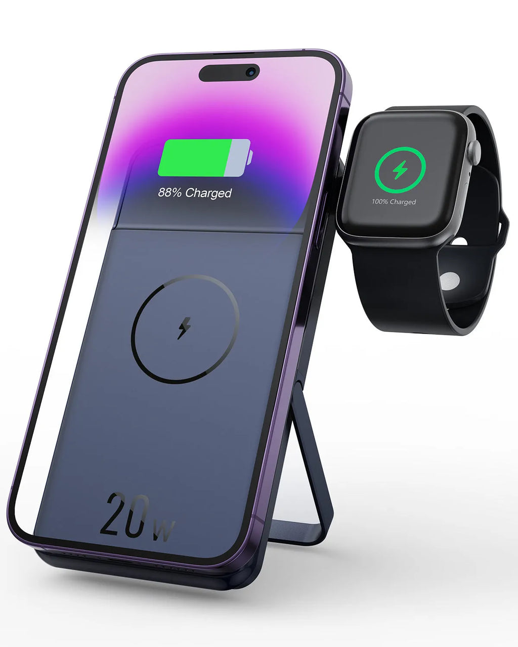 Black magnetic wireless power bank with 10000mAh capacity showing bracket design