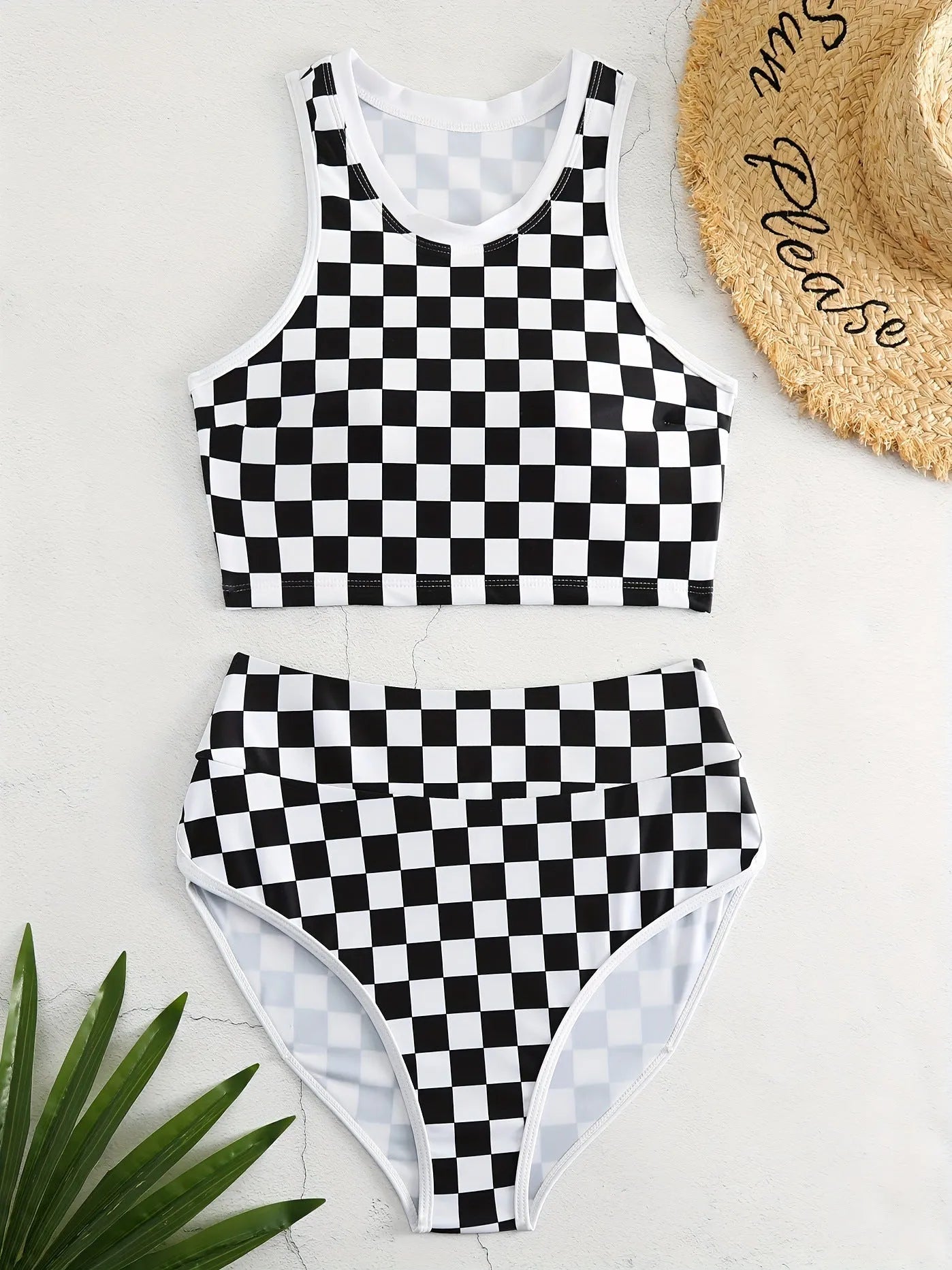 Women's racing one-piece swimsuit with suspender straps and chessboard pattern