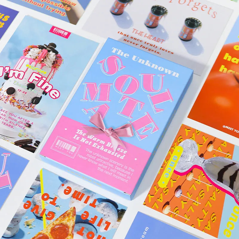 Two designs of fresh-style printed postcards showing artwork fronts and blank backs for messages.