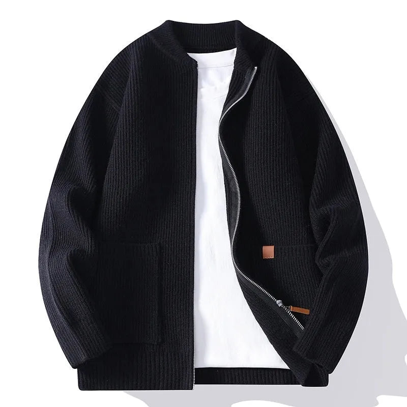 Men's striped sweater cardigan in chemical fibre blend fabric showing straight cut design