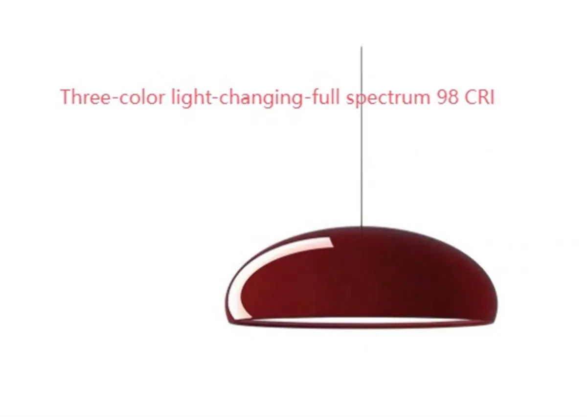 Orange iron Danish-style pendant lamp with adjustable cable above a restaurant table.
