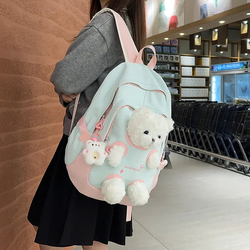 Cute Bear nylon school backpack in macaron colours with curved shoulder straps and 20-35L capacity