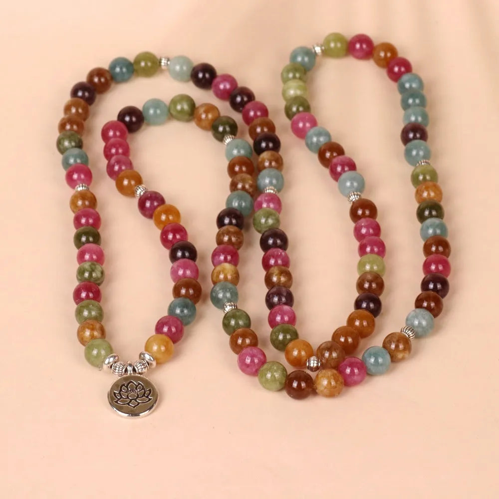 108-bead multi-layer bracelet with tourmaline stones and lotus charm on alloy chain